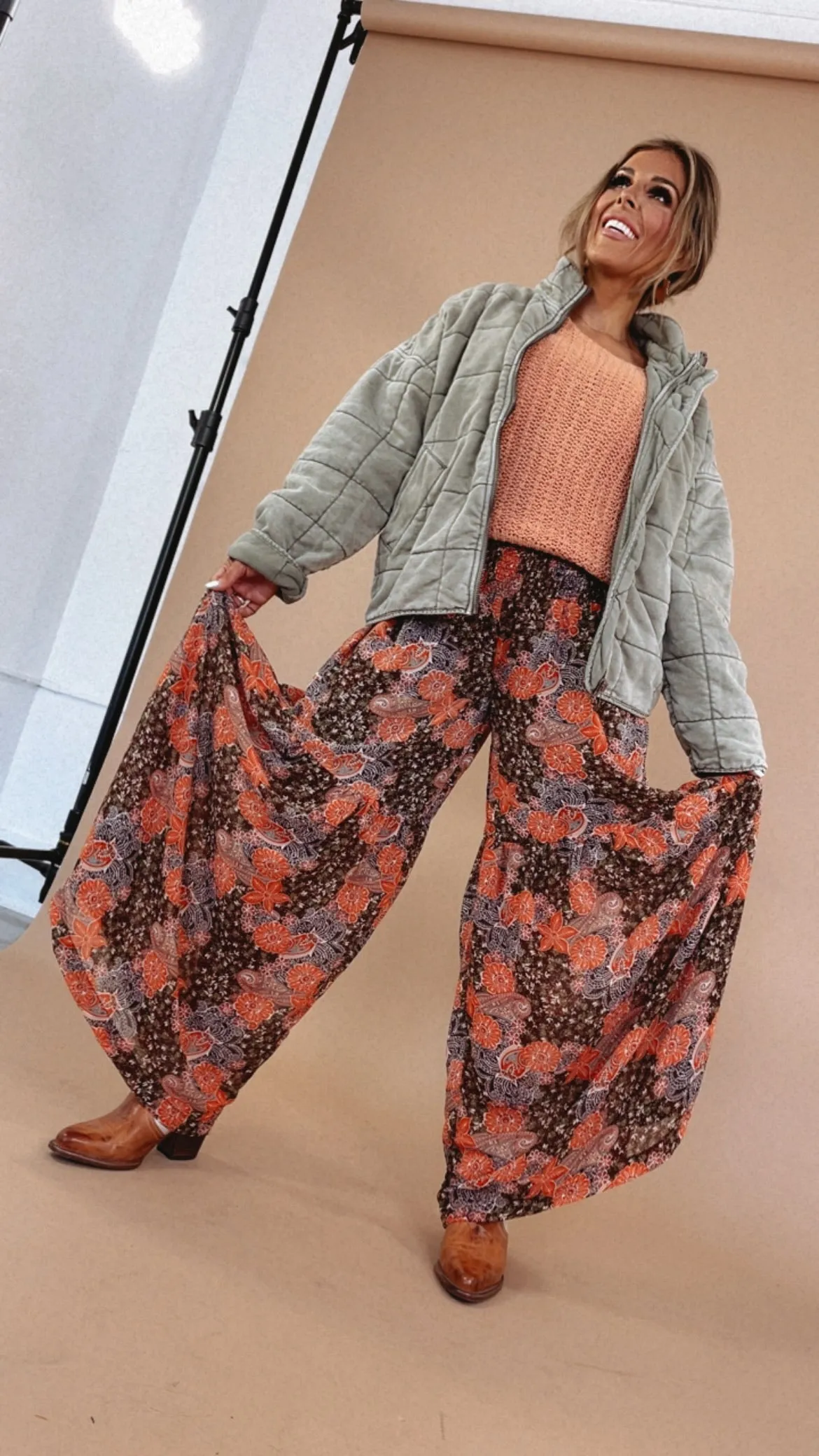 Boho Wide Leg Printed Pants, Brown