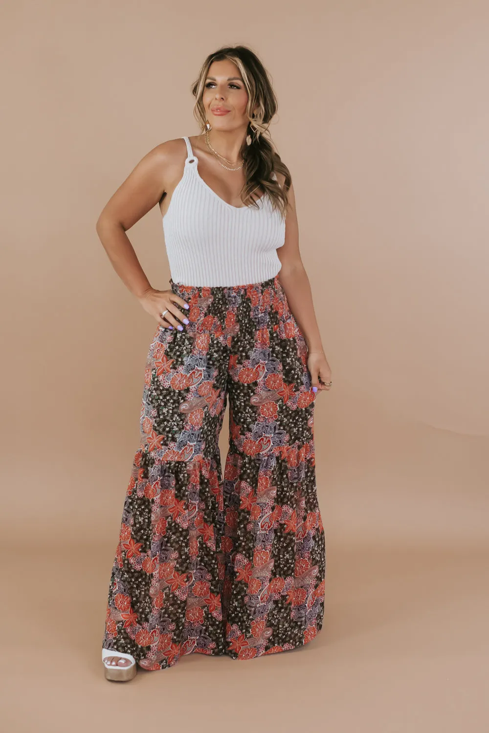 Boho Wide Leg Printed Pants, Brown