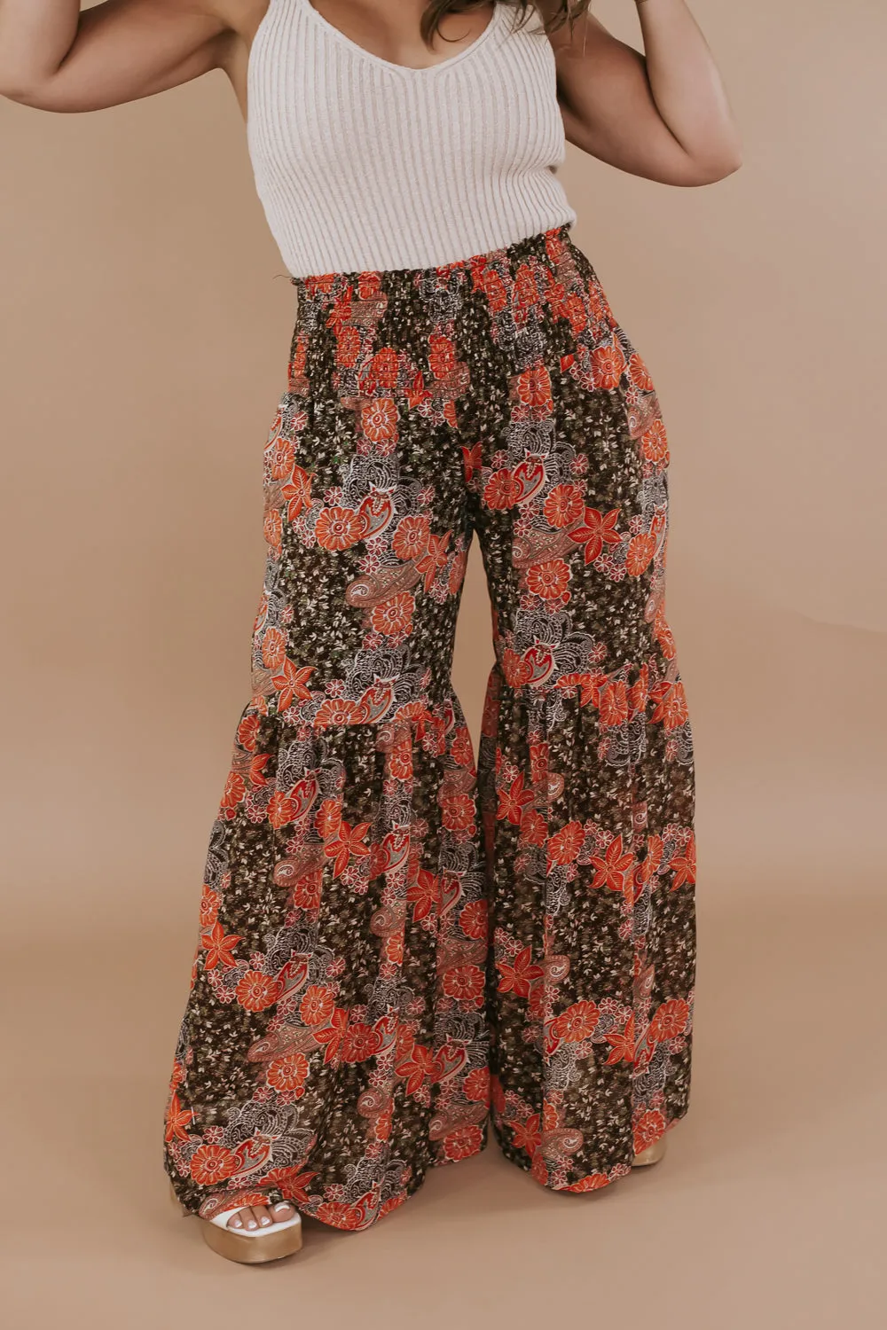 Boho Wide Leg Printed Pants, Brown