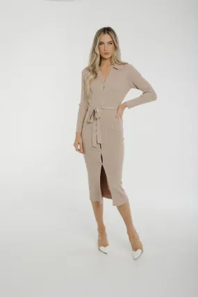 Caitlyn Button Front Ribbed Midi Dress In Oatmeal