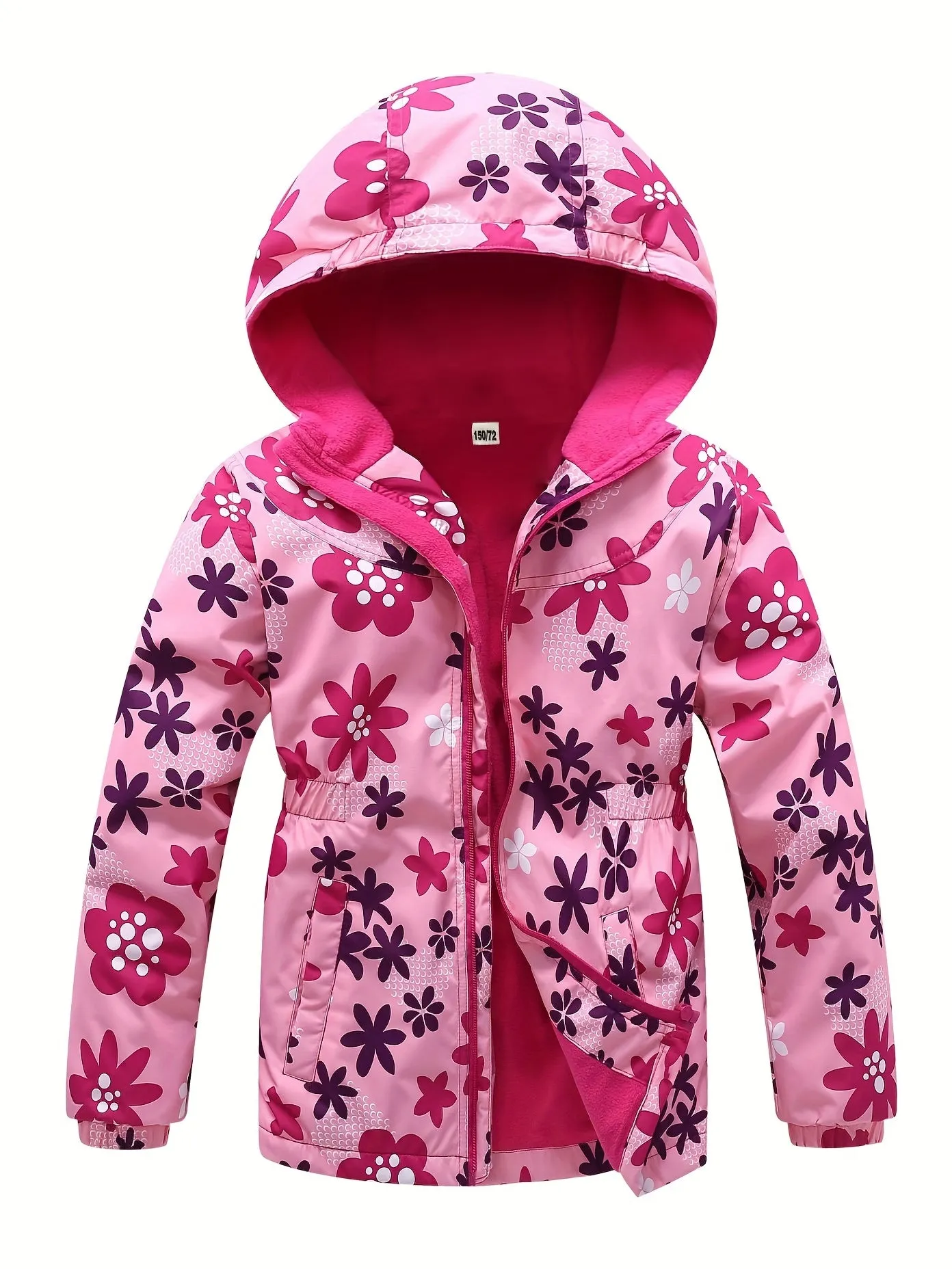 Cozy Cartoon Floral Girls’ Hooded Fleece Jacket – Thermal Windbreaker for Outdoor Fun