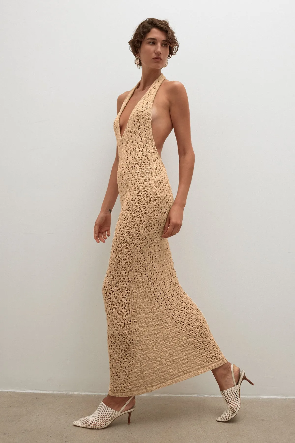 EMILIO HALTER OPEN BACK MAXI DRESS - OAT