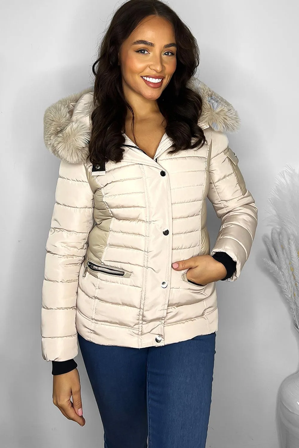 Faux Fur Trimmed Hoodie Belted And Quilted Winter Jacket