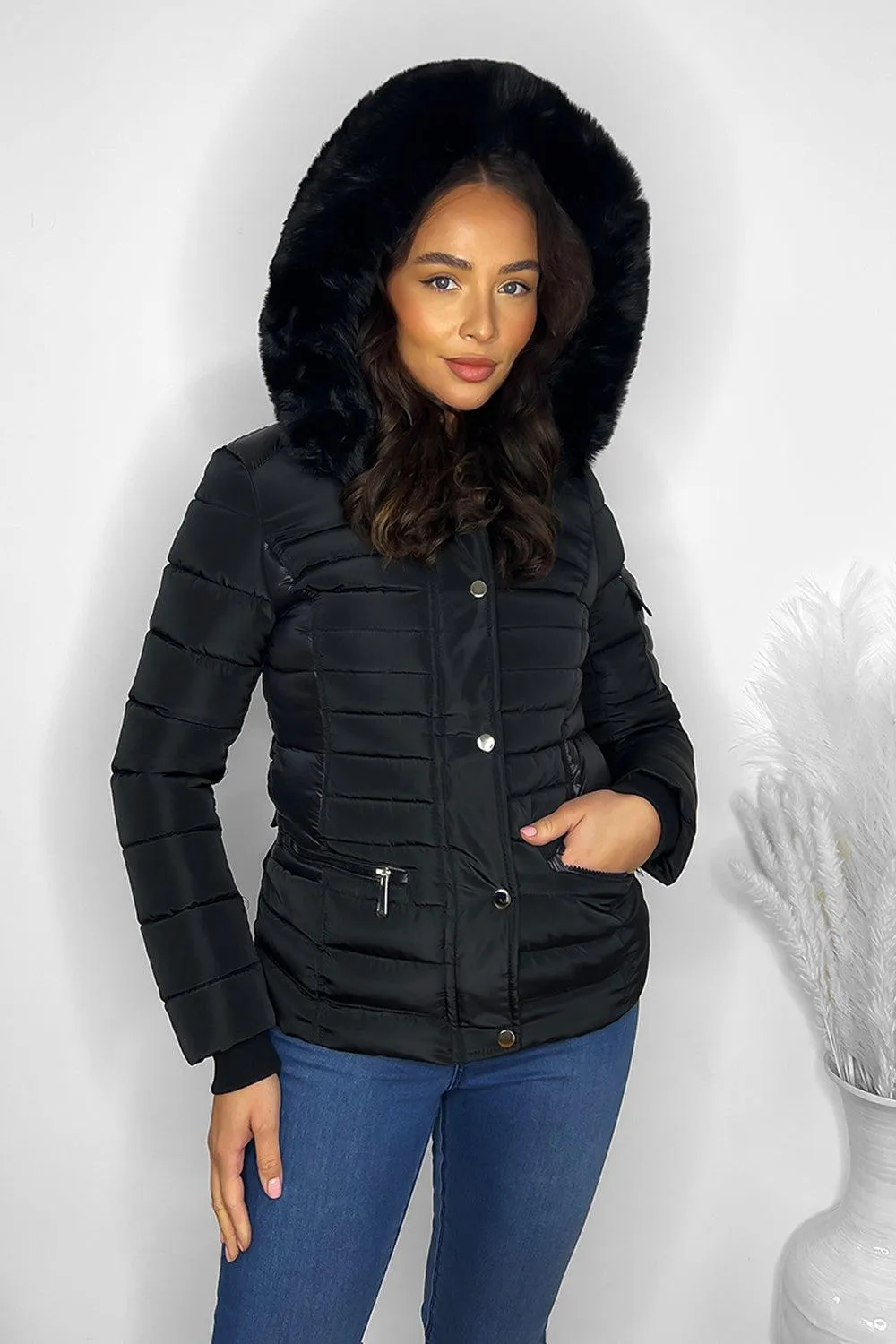 Faux Fur Trimmed Hoodie Belted And Quilted Winter Jacket