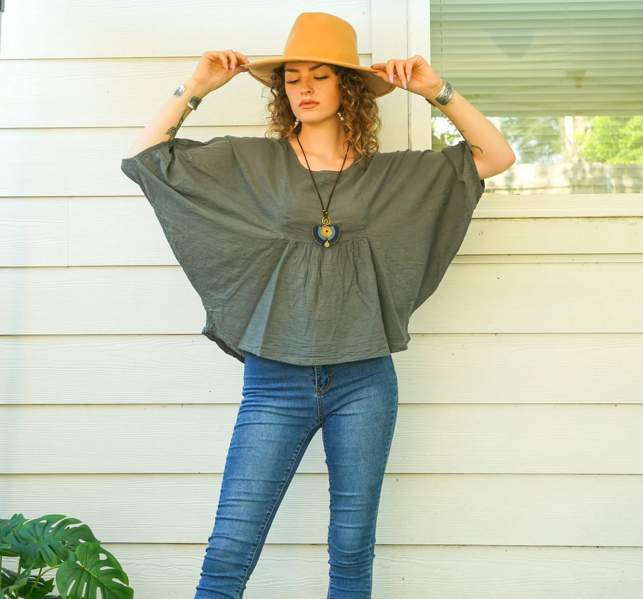 Gray Raw Natural Cotton Gauze Blouse