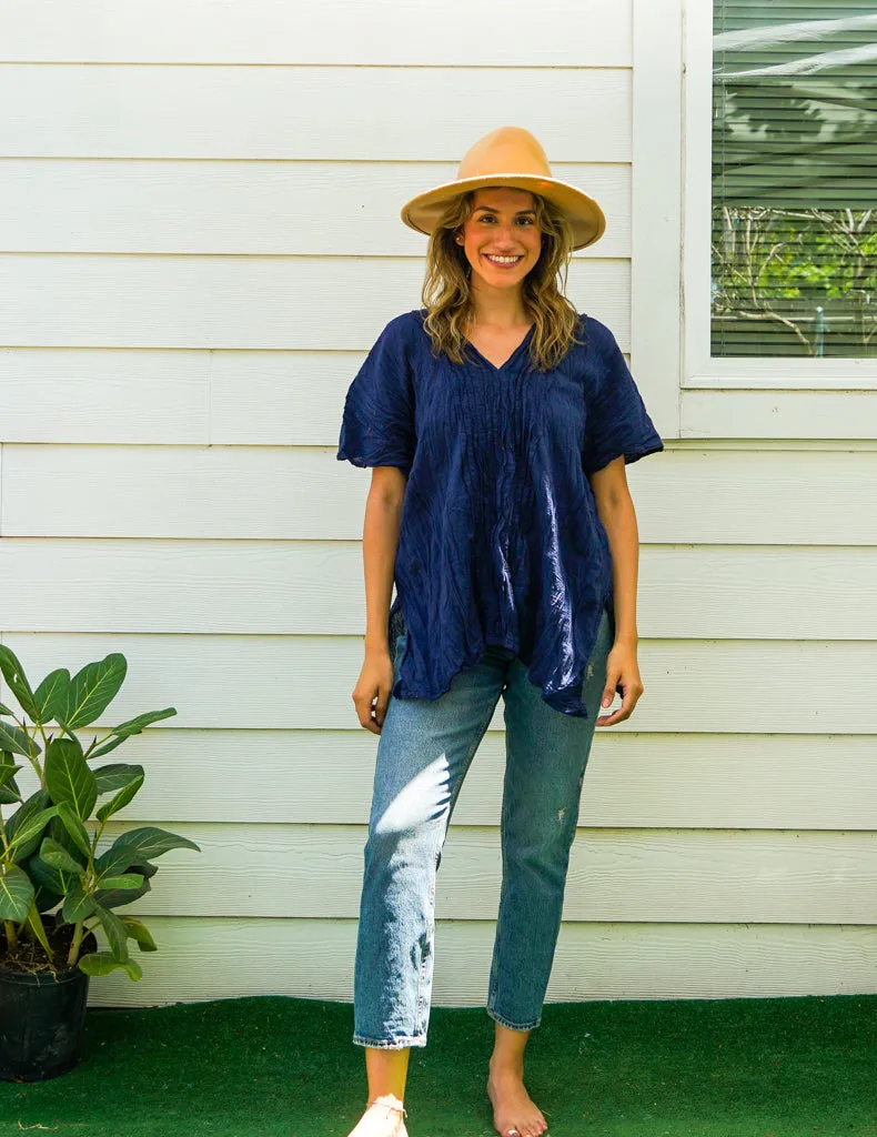 Indigo Raw Natural Crinkled Cotton Gauze Blouse