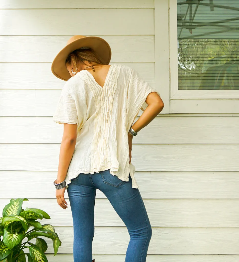 Ivory Raw Natural Crinkled Cotton Gauze Blouse