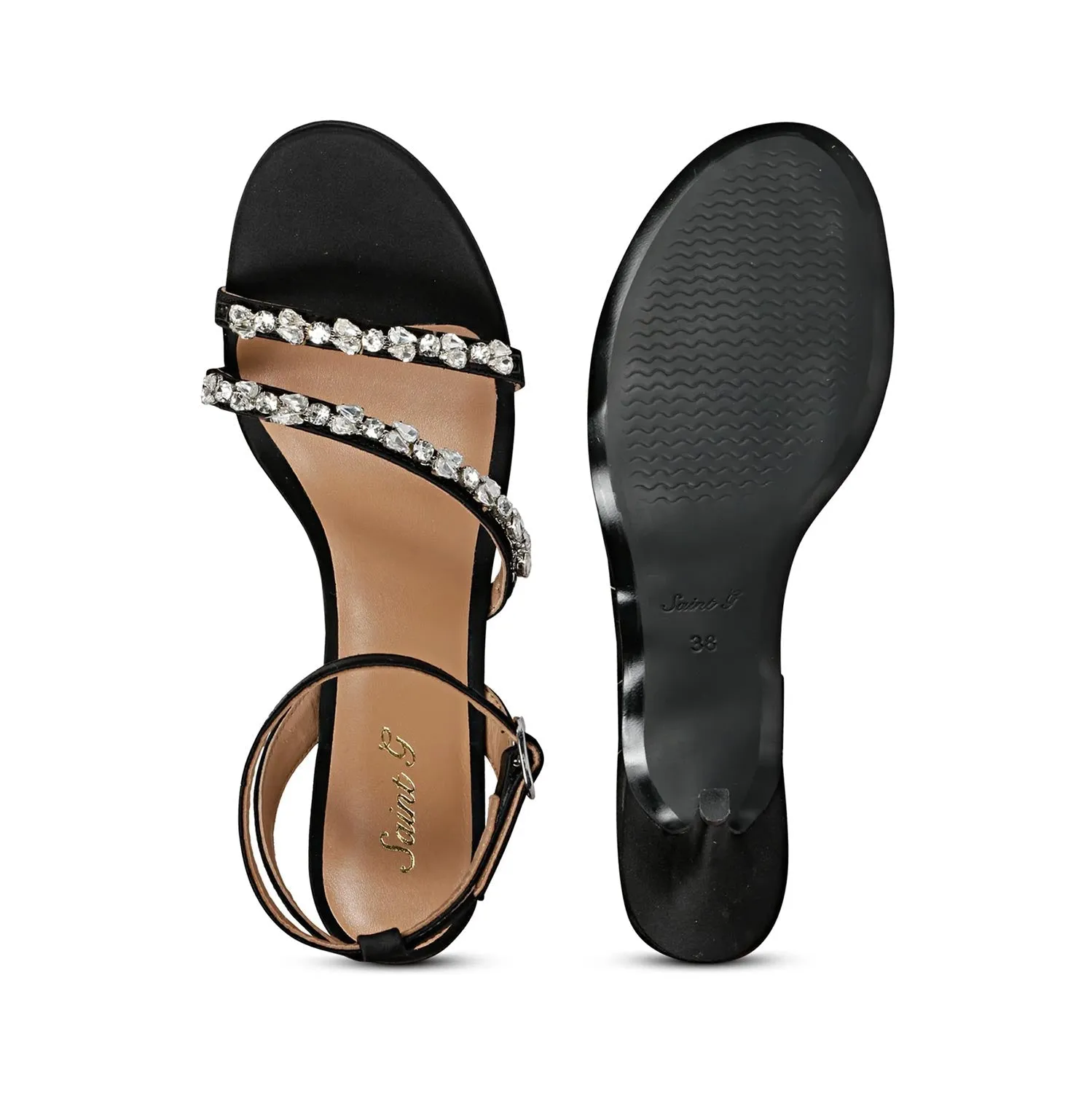 Saint Isla Stone embellished Black Leather Strappy Stilettos