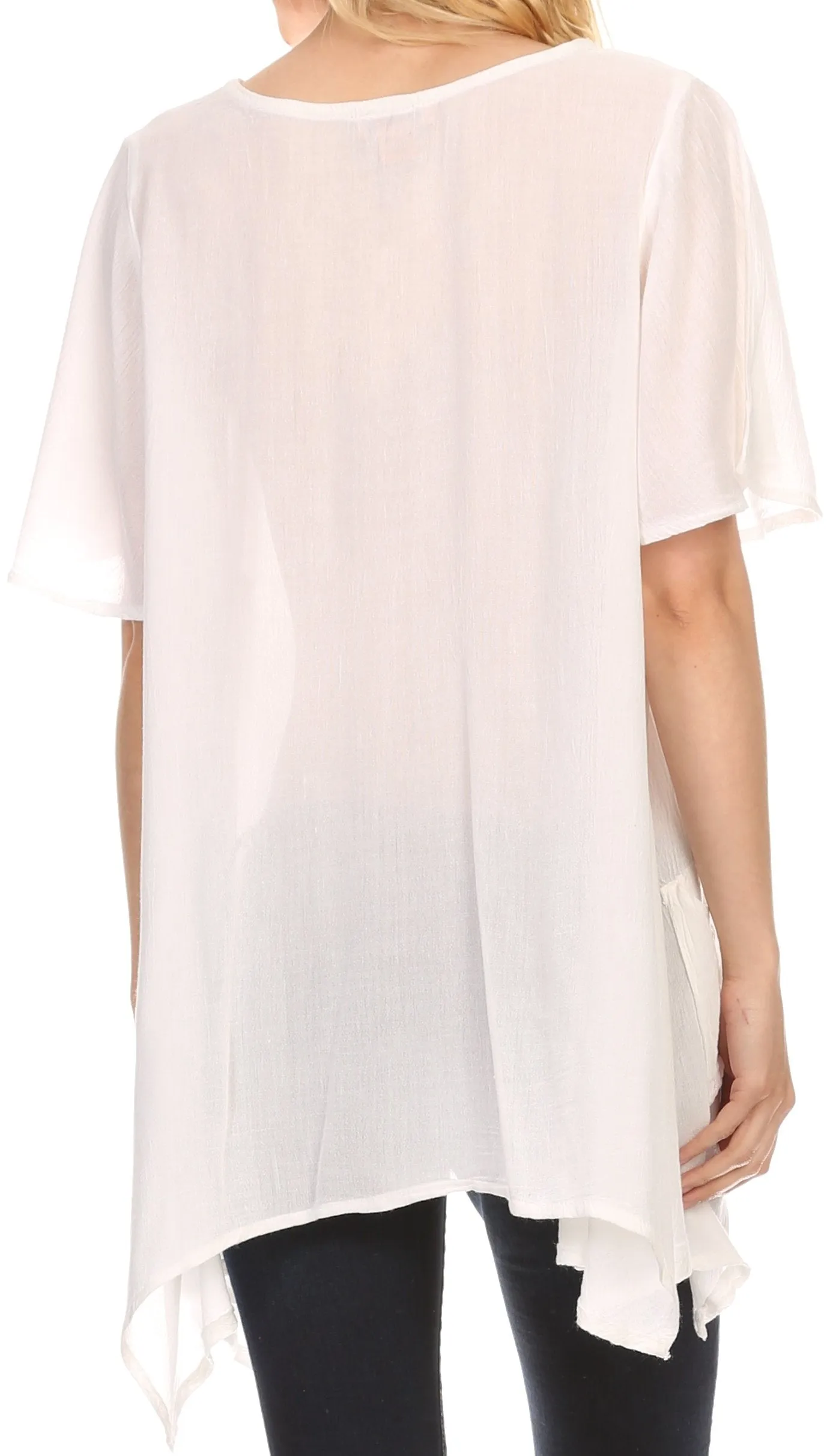 Sakkas Elisia Long Tall Short Sleeve V Neck Handkerchief Pocket Shirt Blouse Top