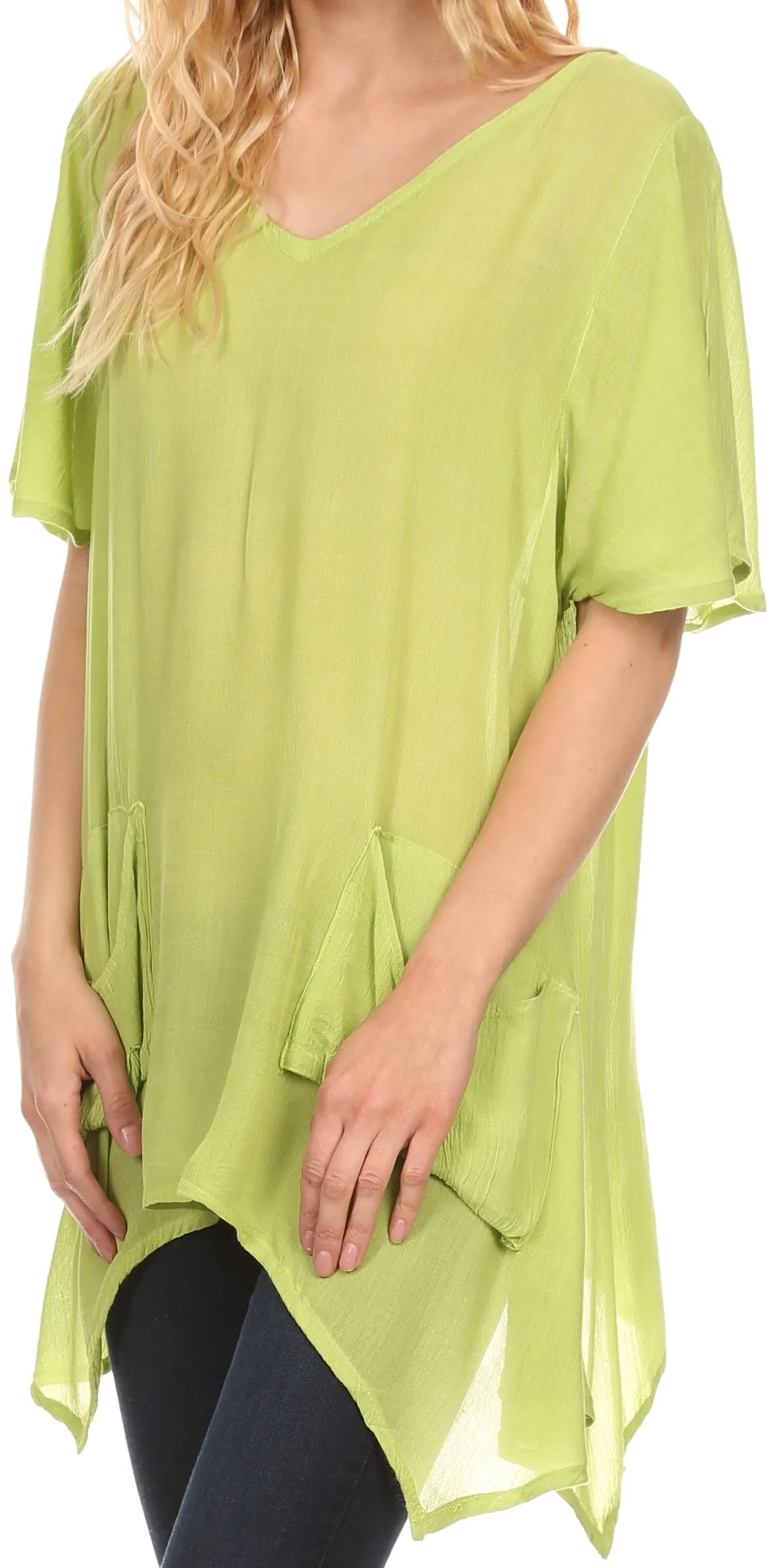 Sakkas Elisia Long Tall Short Sleeve V Neck Handkerchief Pocket Shirt Blouse Top