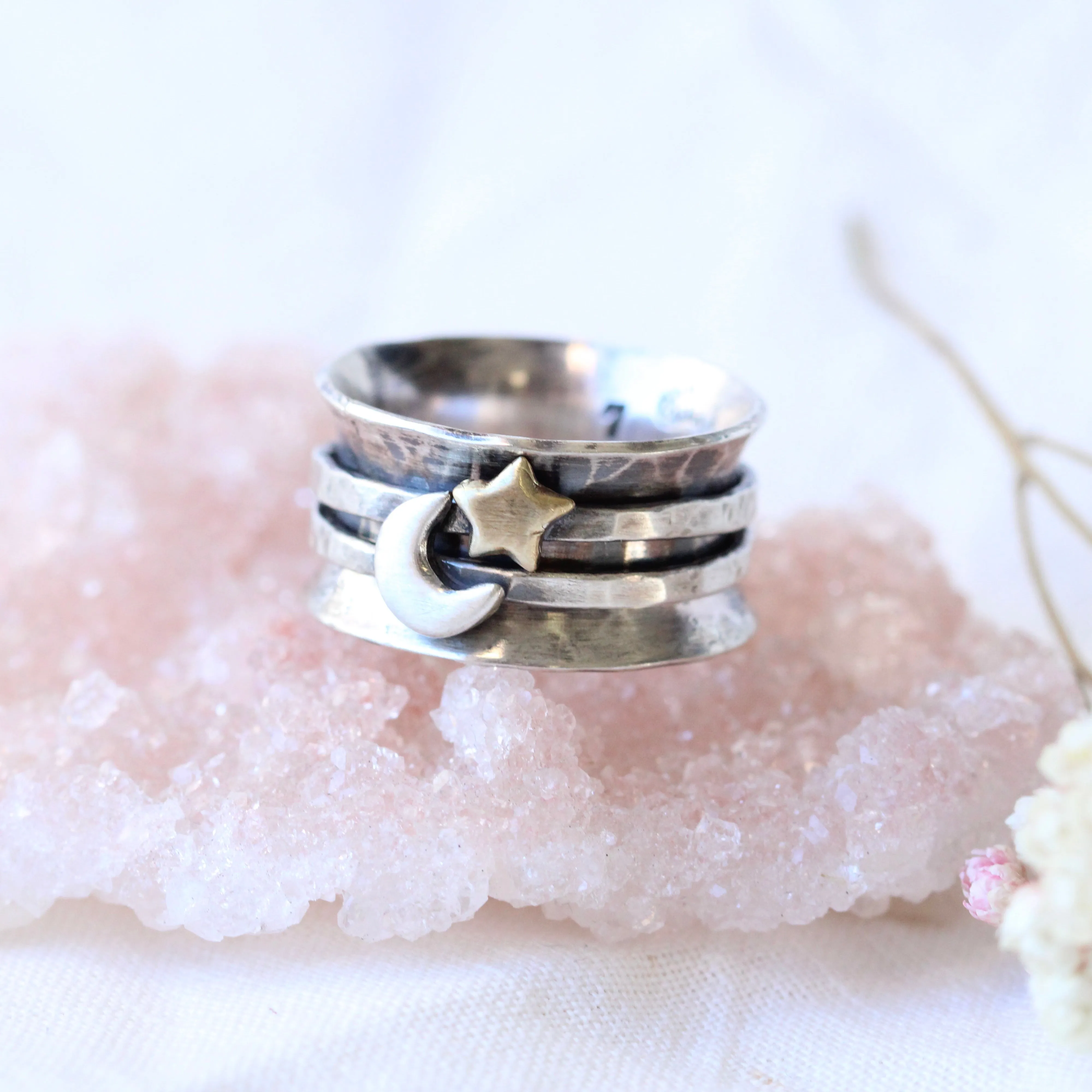 Star and Moon Sterling silver spinner ring