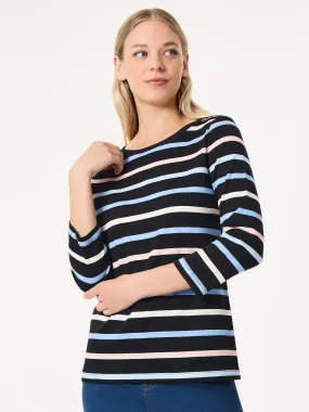 Striped 3/4 Sleeve Button Shoulder Tee