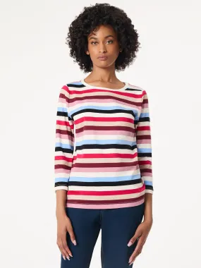 Striped 3/4 Sleeve Button Shoulder Tee