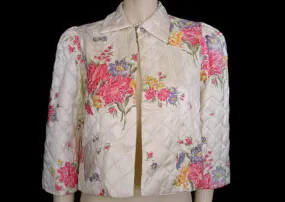 *VINTAGE '40s LUXURIOUS FLORAL RAYON SATIN QUILTED BED JACKET